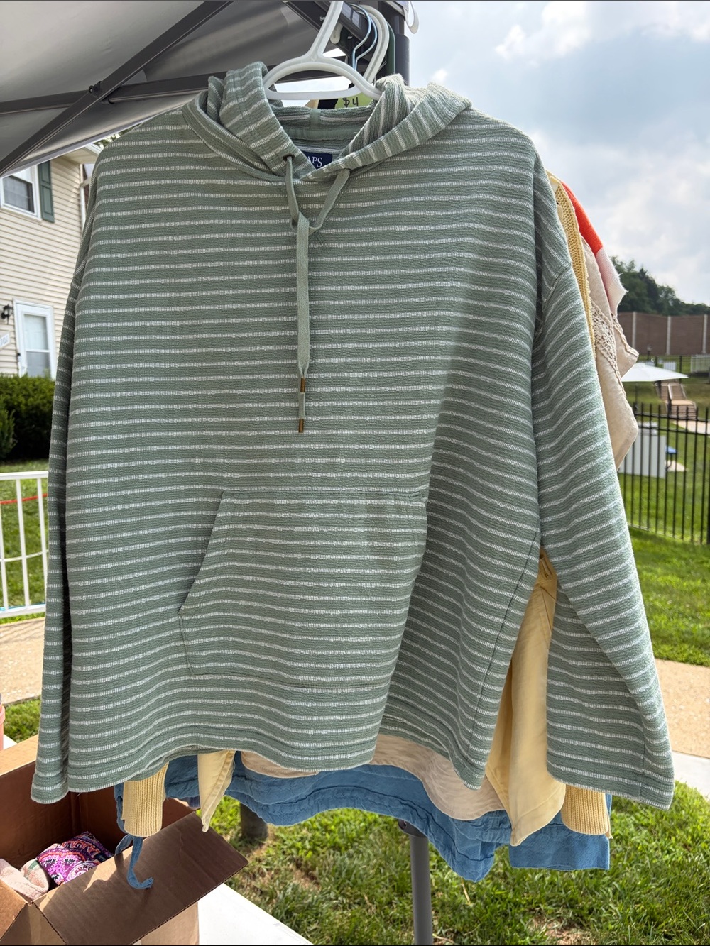 CHAPS Sage Green and White Striped Hooded Top